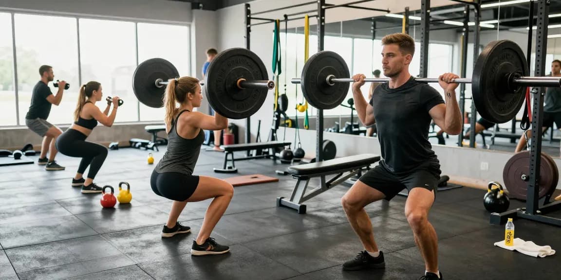 Intensives Training mit Utinon Steroiden im modernen Fitnessstudio, motivierte Athleten beim Gewichtheben und Squats.
