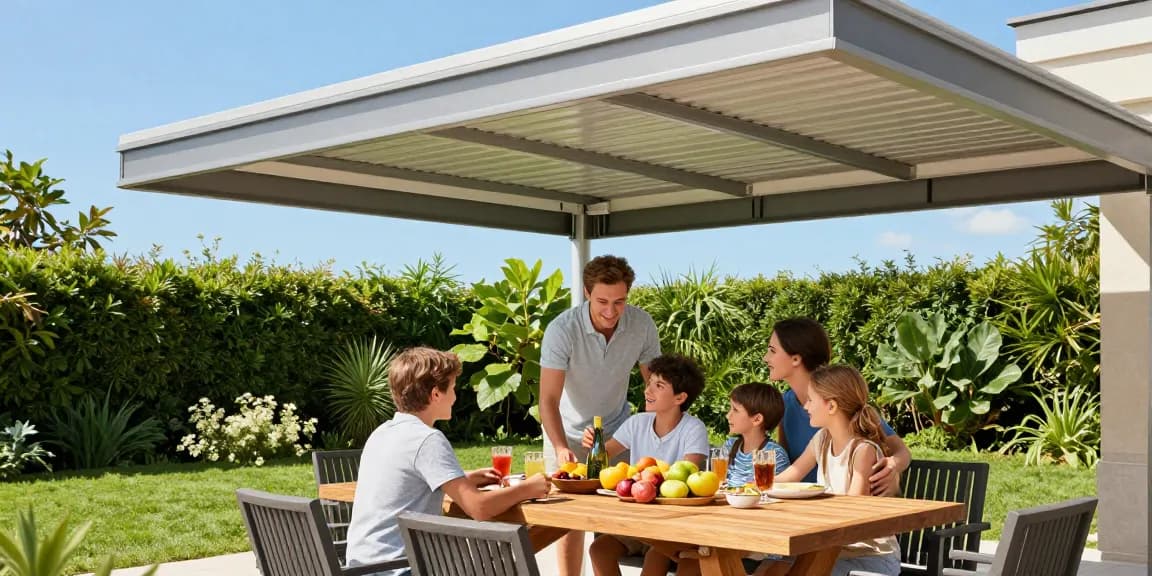 Eine Familie genießt eine Mahlzeit unter einer Terrassenüberdachung - Terrassenüberdachungen verbessern das Outdoor-Erlebnis