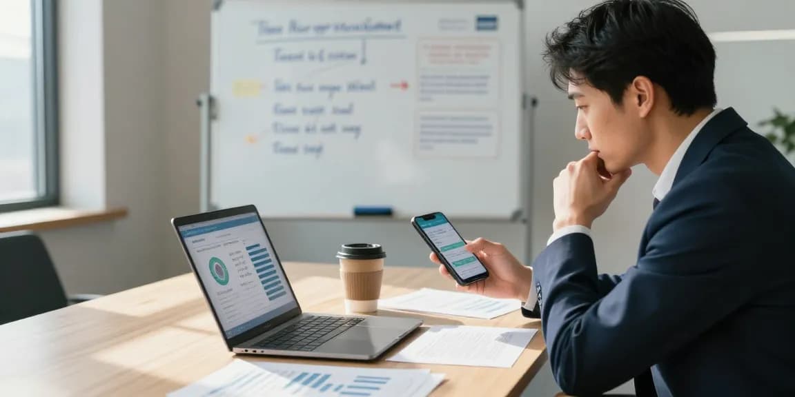 Stress mit Chef: Führungskraft analysiert Stressmanagementstrategien am Schreibtisch.