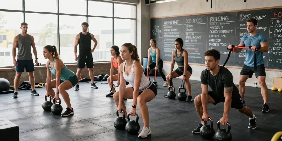 Aktive Fitness-Community im Selliza Shop beim intensiven Training in einem modernen Fitnessstudio.