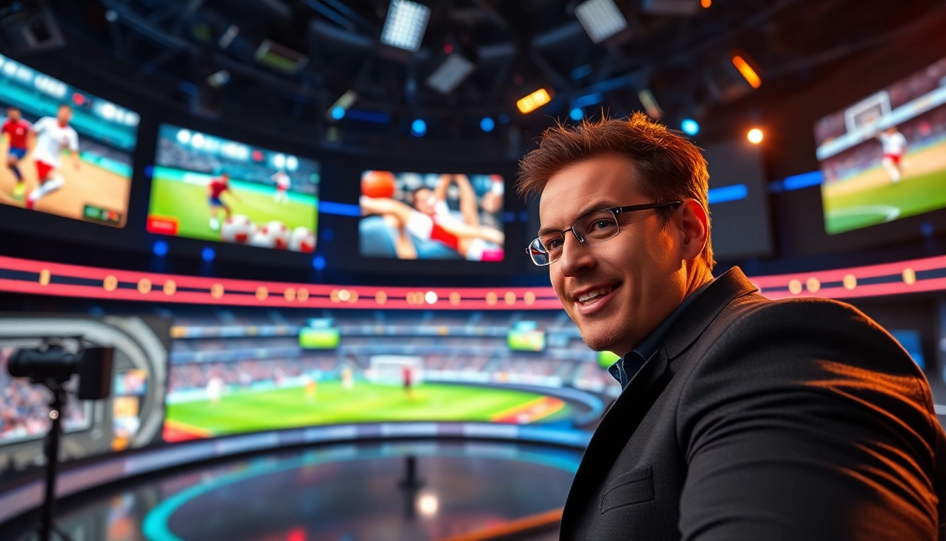 Sports Broadcasting studio with anchor presenting live events and vibrant screens.