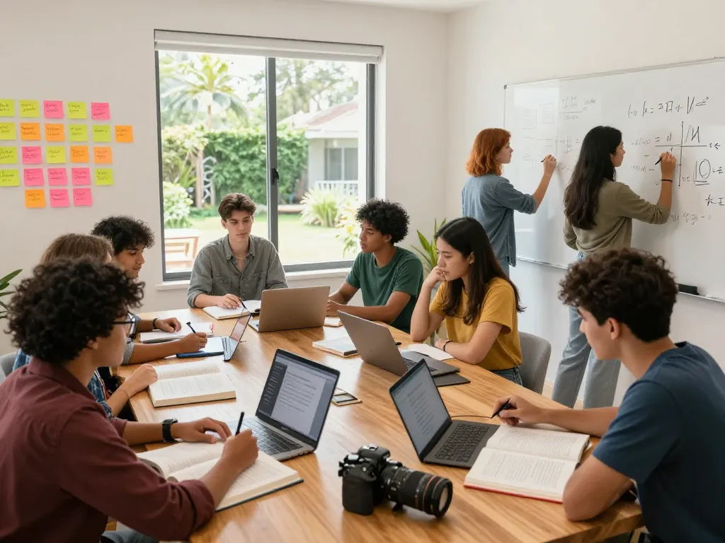 Studierende arbeiten gemeinsam an Hausaufgaben lösen in einem hellen Arbeitszimmer zu Hause.