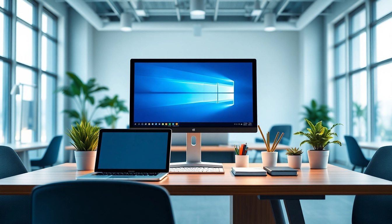 Professionelle Arbeitssituation mit Windows 11 Pro für Geschäftsrechner auf einem modernen Schreibtisch.