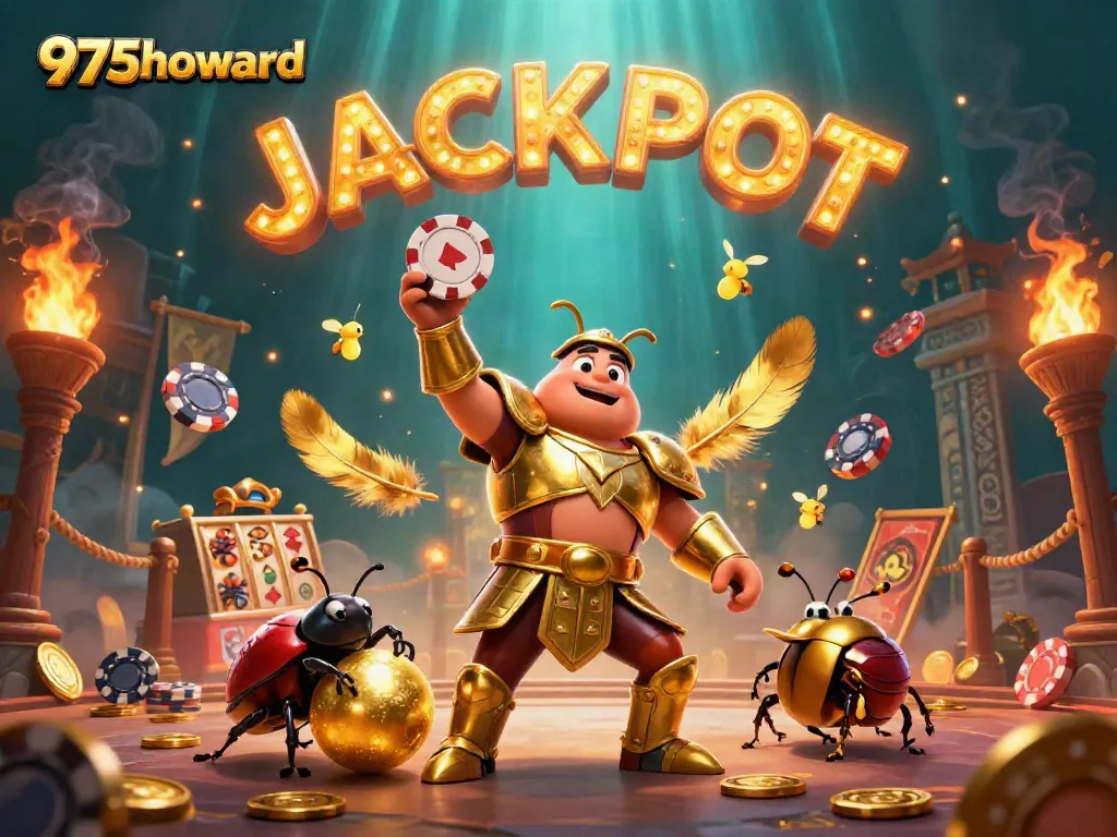 Experience a thrilling jackpot scene featuring 975howard's golden beetle champions lifting poker chips.