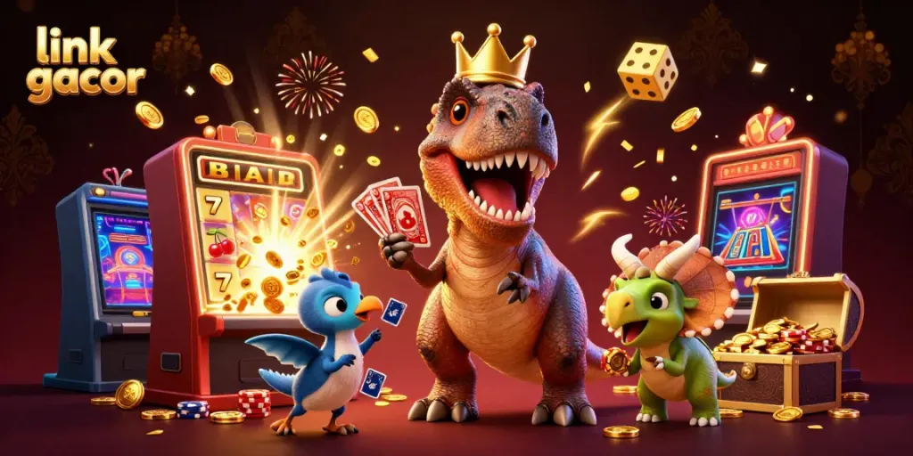 Experience exciting gameplay with link gacor, featuring a cheerful dinosaur and casino elements in action.
