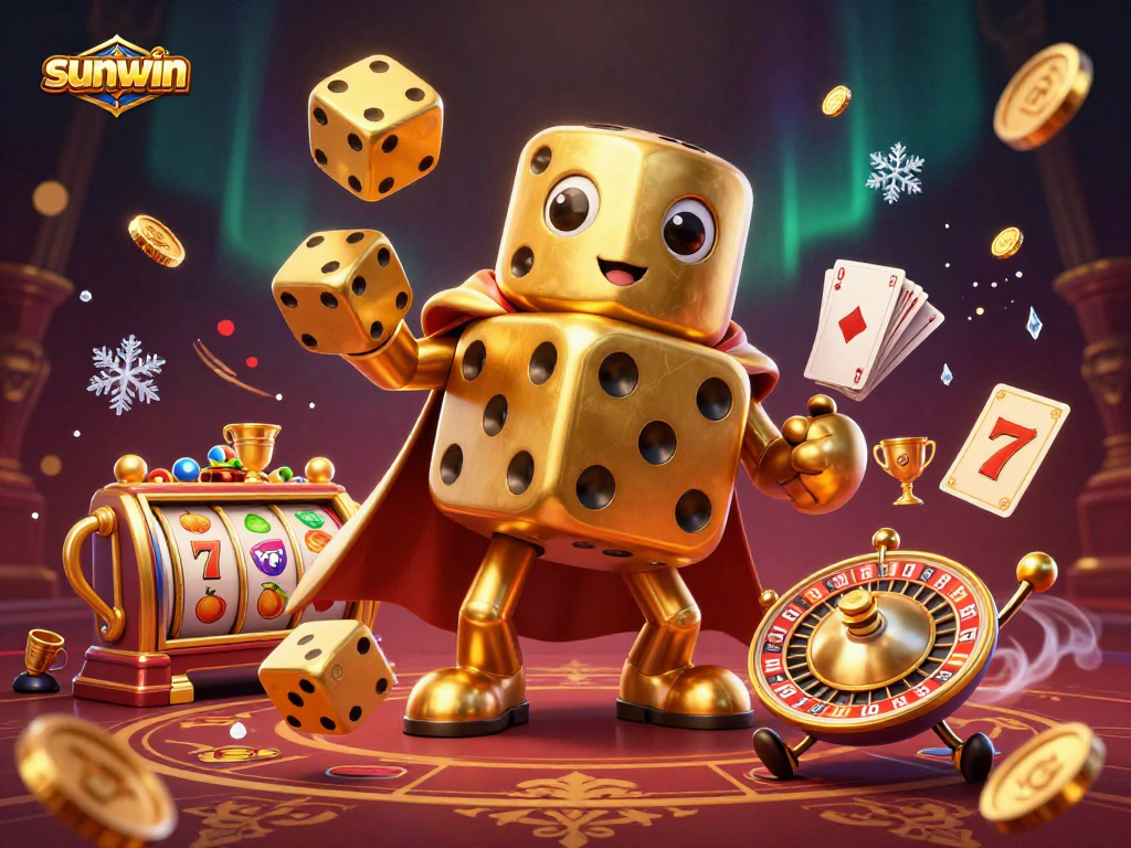 Engage with sunwin’s energetic casino scene featuring a golden dice golem and vibrant slot reels.