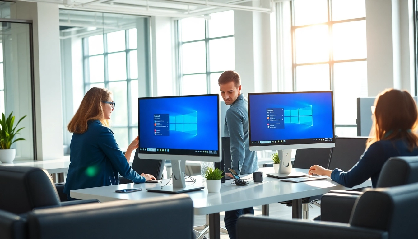 Windows 10 Update zu 11 zeigt eine Gruppe von Fachleuten, die zusammenarbeiten.