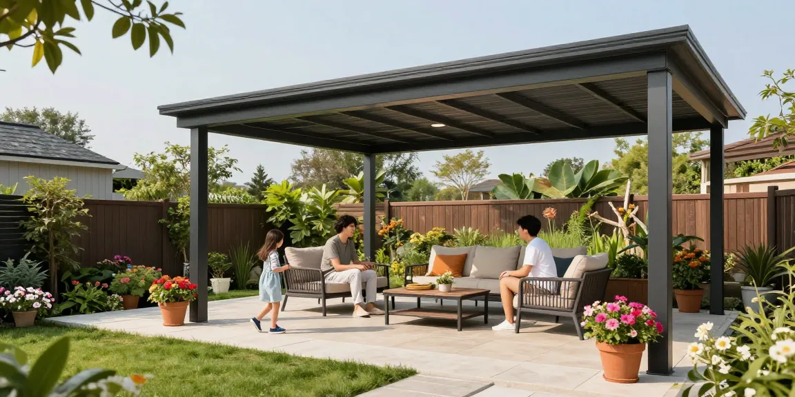Terrassenüberdachung freistehend, stilvoller Garten mit Familie im Freien