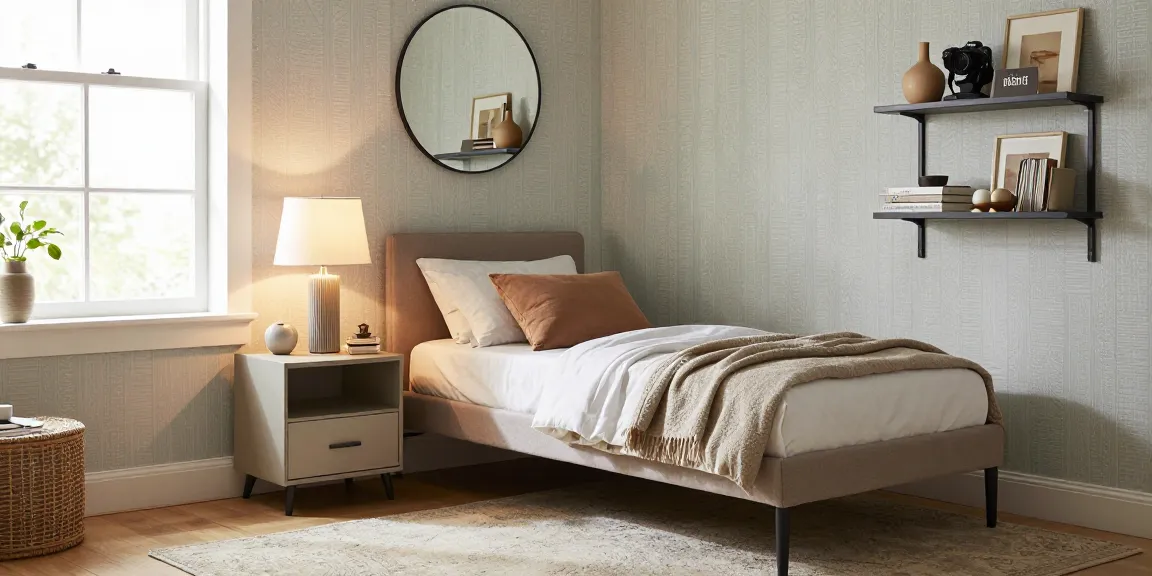 Elegantes modernes Schlafzimmer mit Zele 90x200 Einzelbett und stilvollen Möbeln, die Möbel mit Lieferung kaufen hervorheben.