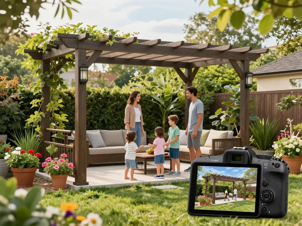Familie genießt ein Erlebnis mit dem Pergola-Konfigurator im Freien, das AR-Visualisierung und Gartenumgebung zeigt.
