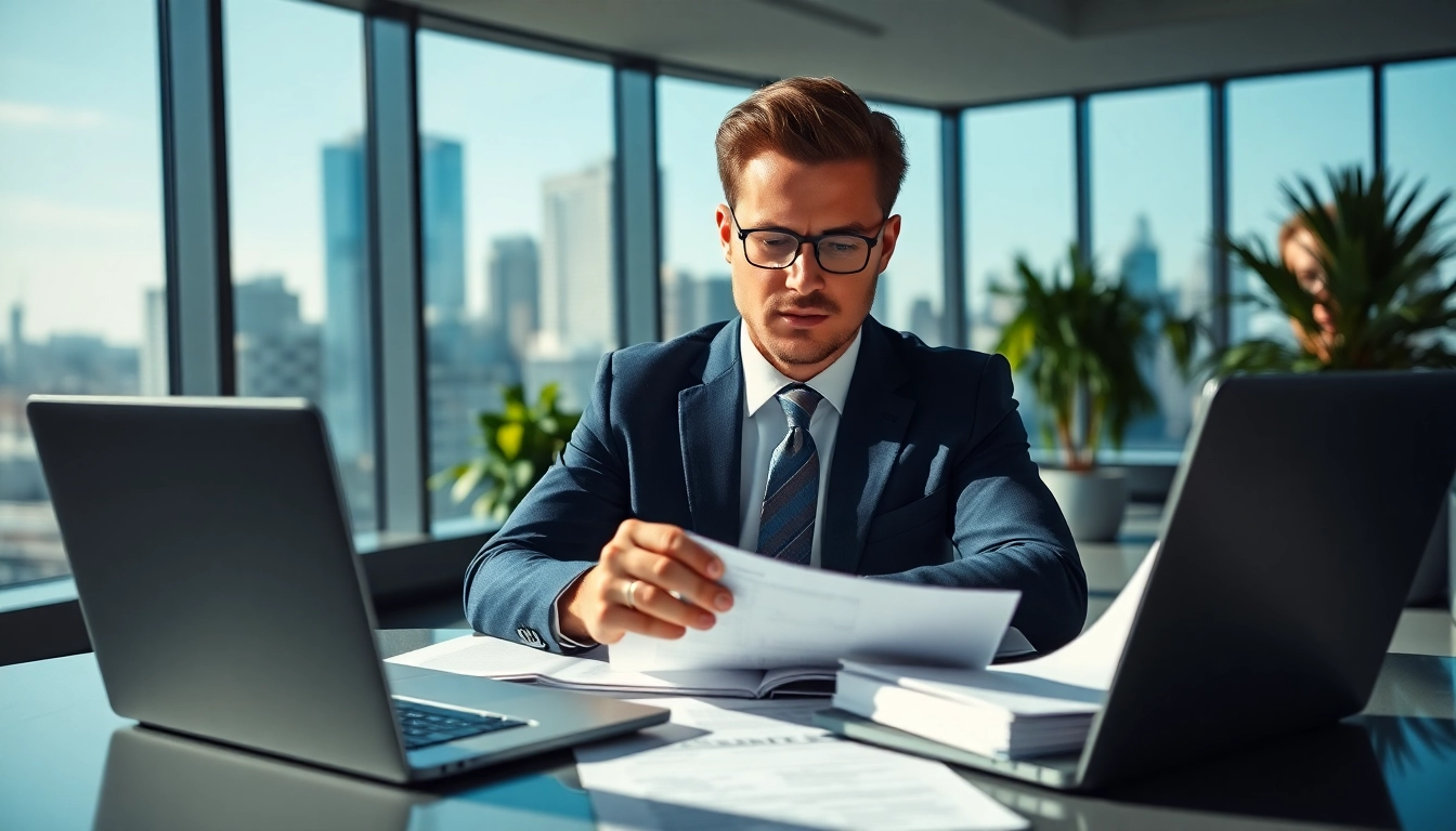 Headhunter Schweiz analysiert Bewerbungen in einem modernen Büro mit urbanem Ausblick.