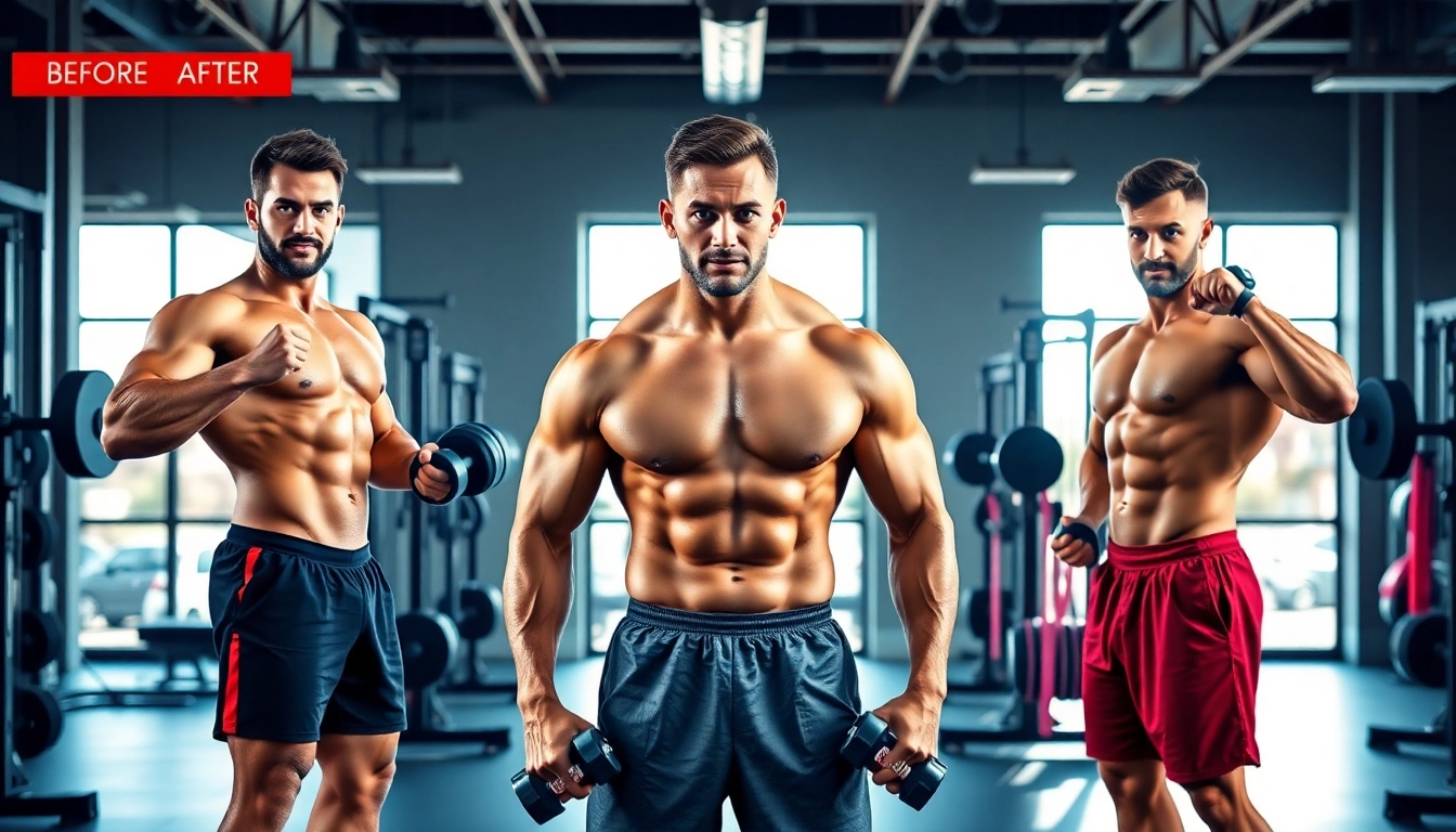 Bild von einem Sportler, der die testo vorher nachher Transformation in einem Fitnessstudio zeigt.