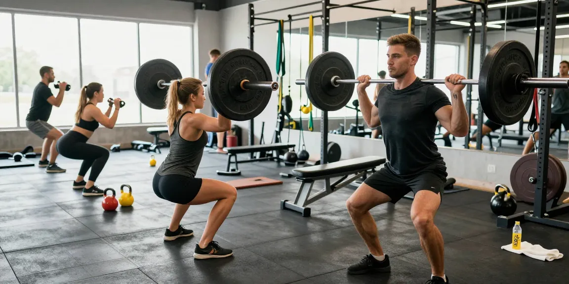 Intensives Training mit Utinon Steroiden im modernen Fitnessstudio, motivierte Athleten beim Gewichtheben und Squats.
