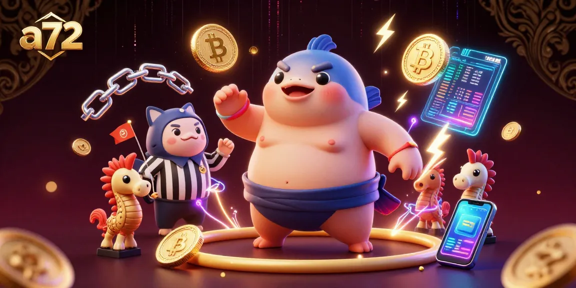 Join the excitement at a72 with the blowfish and catfish in a vibrant crypto-themed underwater casino scene.