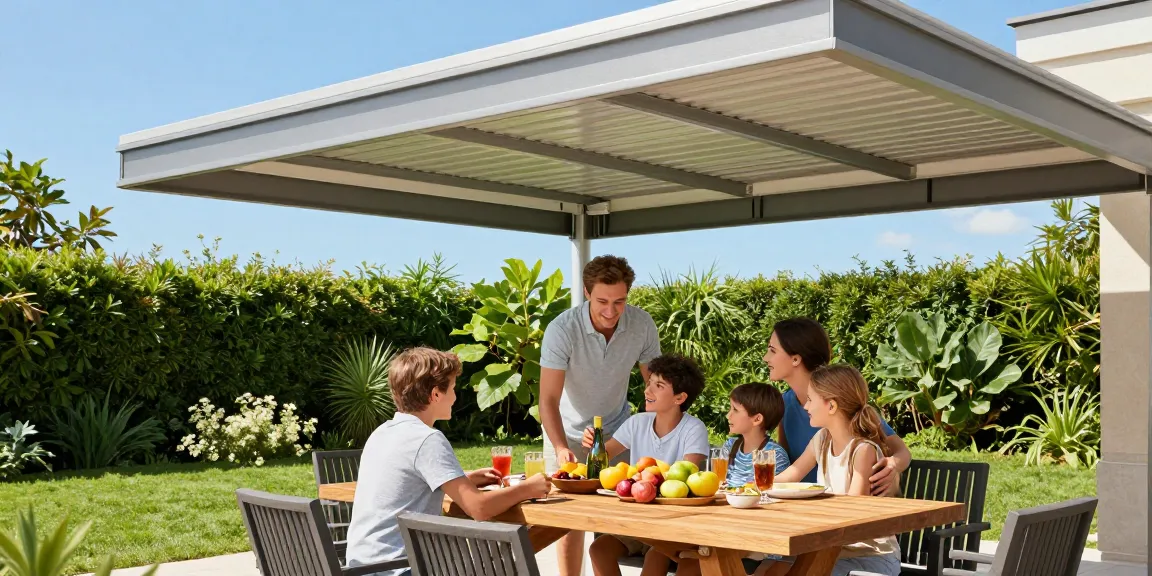 Eine Familie genießt eine Mahlzeit unter einer Terrassenüberdachung - Terrassenüberdachungen verbessern das Outdoor-Erlebnis