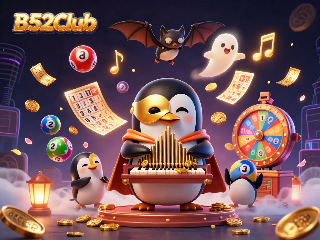 B52Club shows a 3D cartoon penguin playing a golden pipe organ amidst colorful casino elements.
