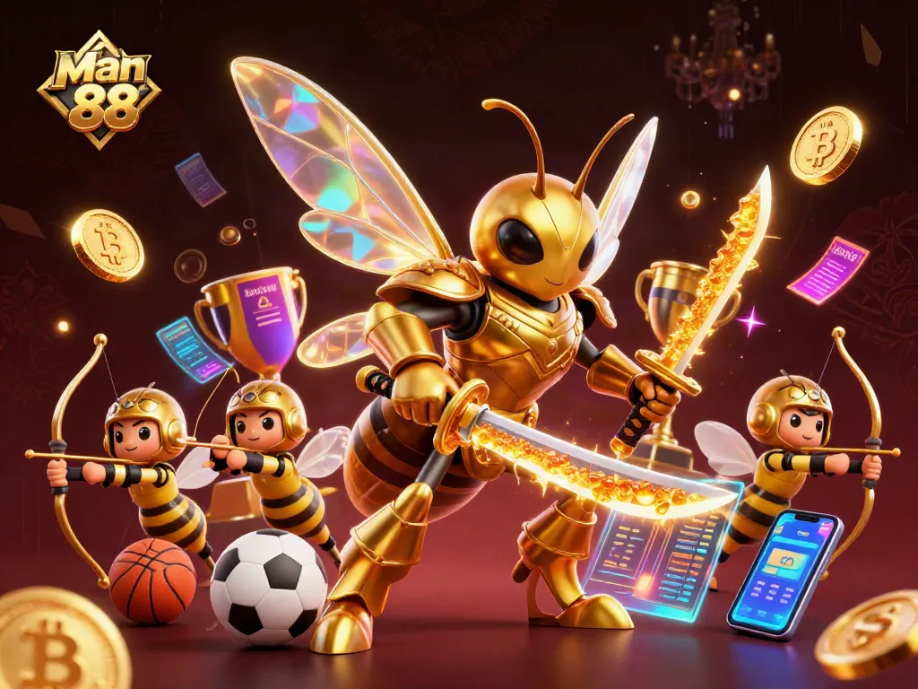 Engage in sports betting excitement with Man 88 as a golden hornet leads the action amidst vibrant game elements.