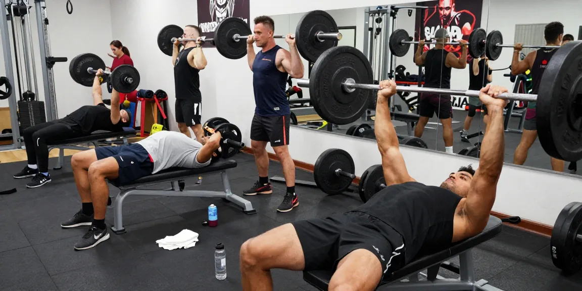 Im Anabolika Shop werden Bodybuilder beim Gewichtheben in einem modernen Fitnessstudio gezeigt, das Energie und Motivation ausstrahlt.