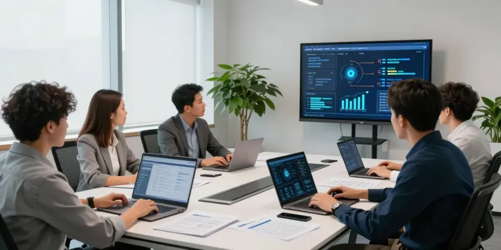 IT Sicherheitsberatung Team bei der Analyse von Sicherheitsrisiken in einem modernen Büro.