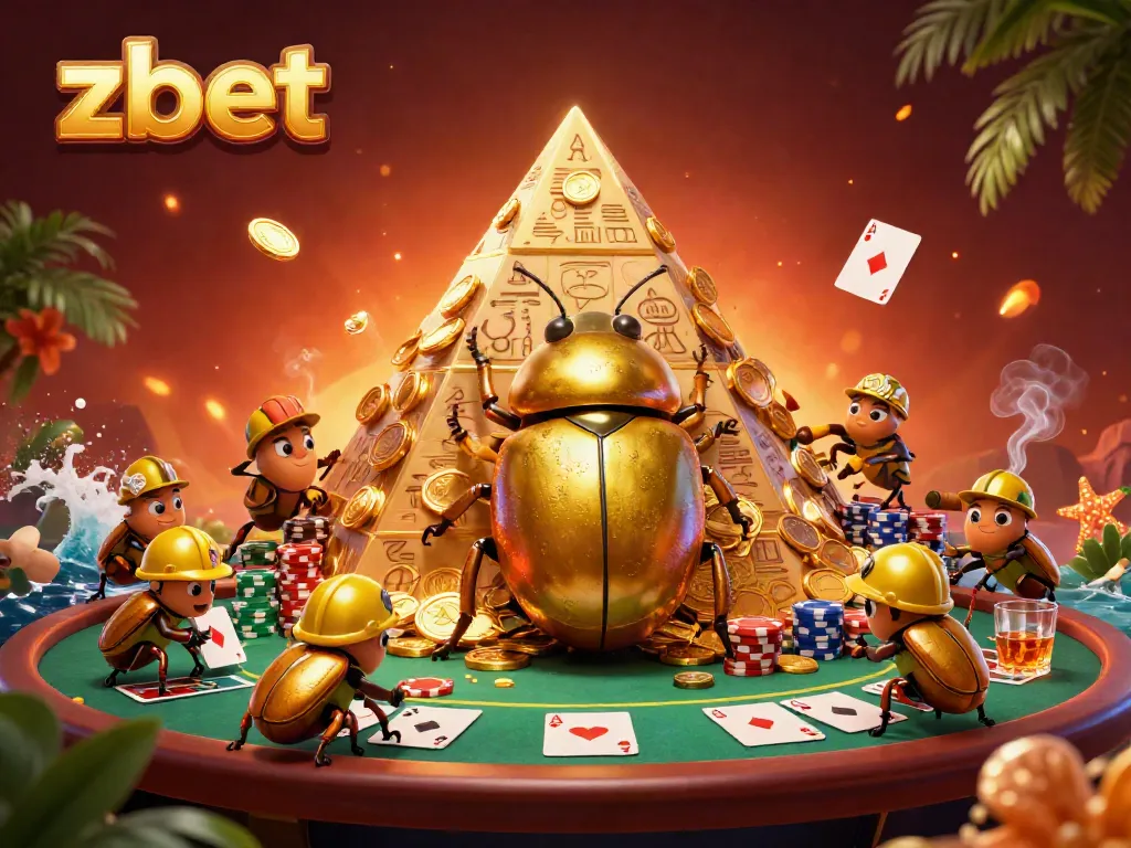 Experience the excitement at Zbet with cartoon beetles and poker elements in a vibrant casino scene.