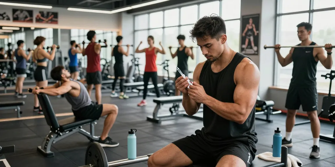 Anabolika Shop: Sicheres Spritzen eines Bodybuilders im Fitnessstudio mit modernem Equipment