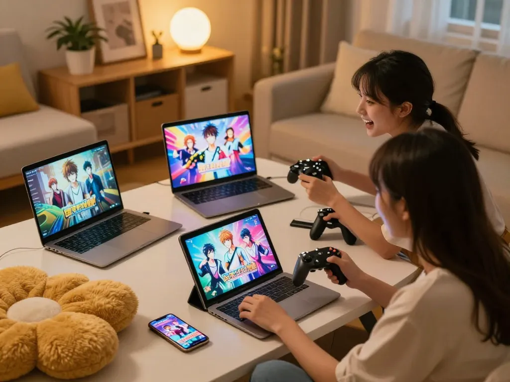 Couple engrossed in playing sexgames on various devices in a cozy living room.