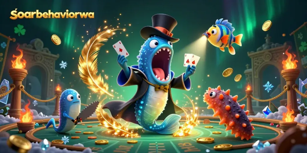 soarbehaviorwa presents a vibrant 3D scene with a bioluminescent eel and anglerfish in a casino-themed magic act.
