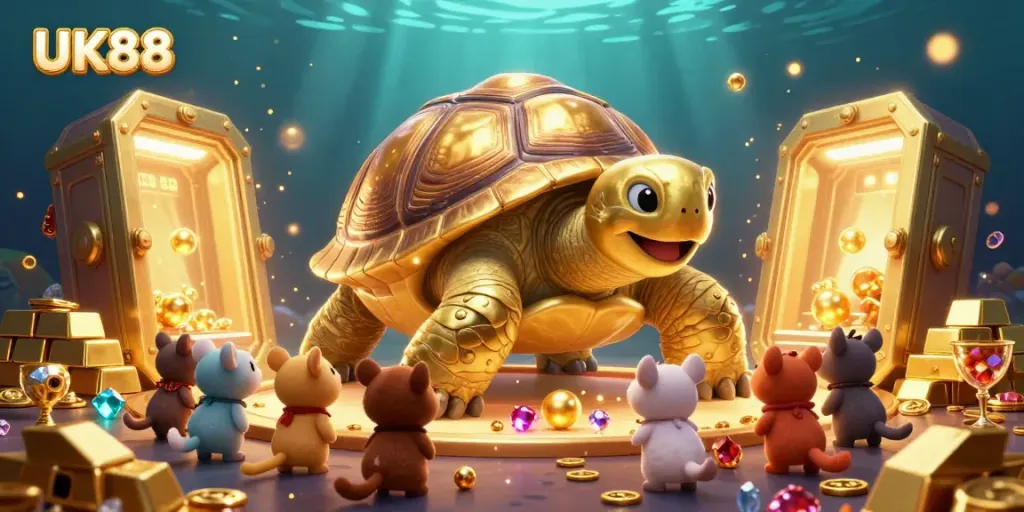 Engage with UK88's thrilling casino experience alongside a playful tortoise and treasure in a vibrant setting.
