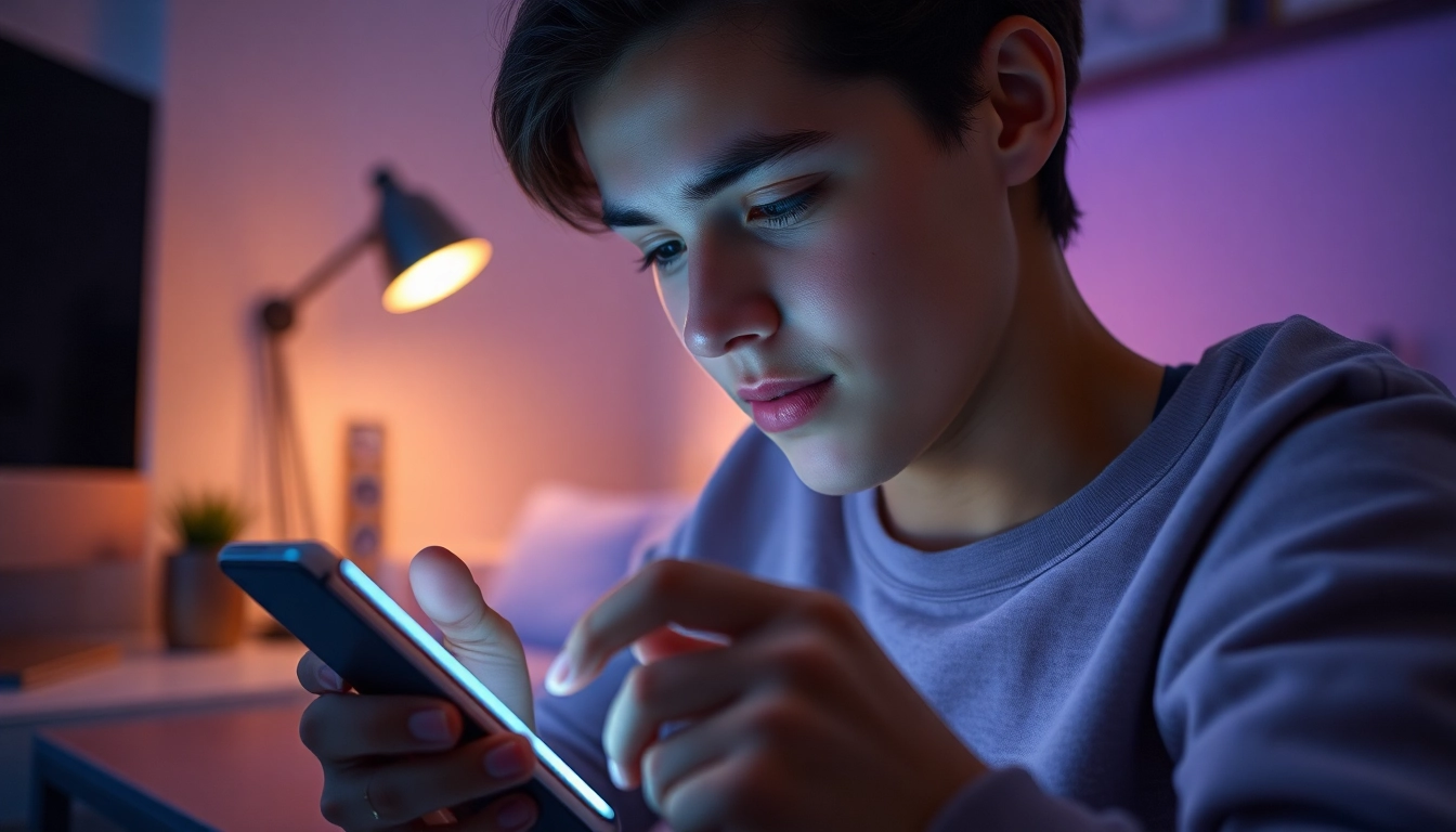 Engaging in ai sexting through a smartphone in a cozy atmosphere.