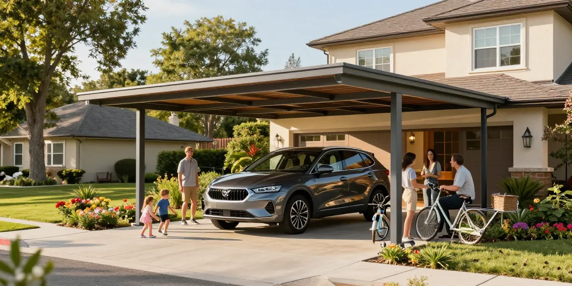 Moderne Carport-Szene mit einem geparkten Auto, einer spielenden Familie und einem einladenden Garten.