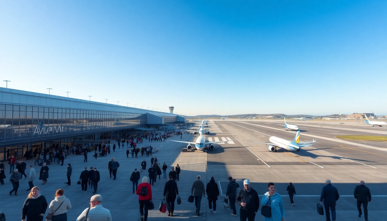 Flughafen Edinburgh mit Passagieren und Flugzeugen in lebhaftem Ambiente.
