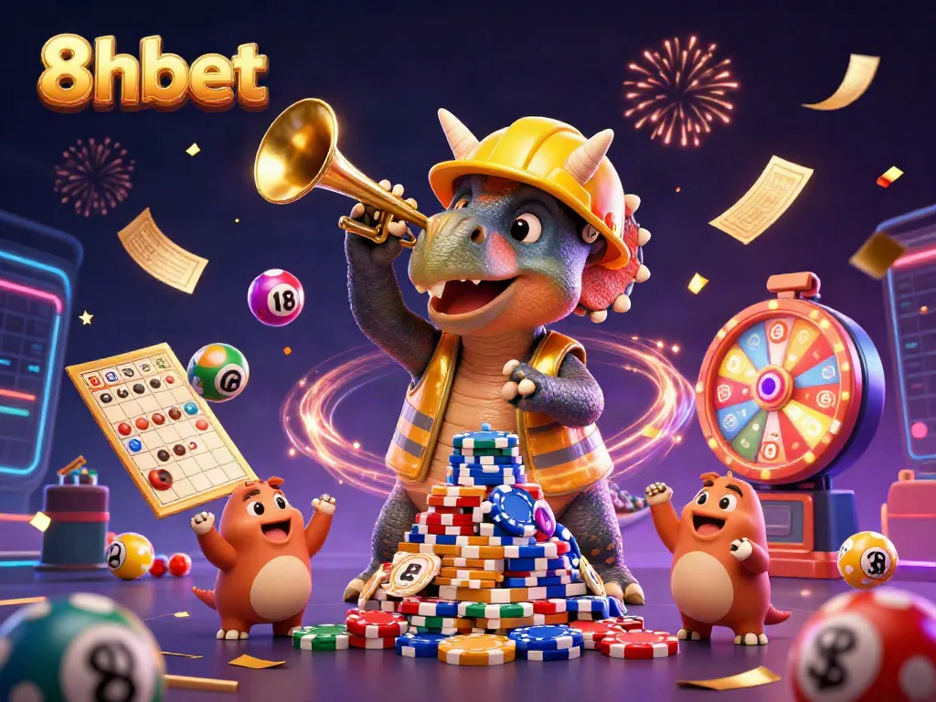 Engage in exciting gaming with 8xbet, featuring colorful lottery elements and dynamic characters celebrating victory.