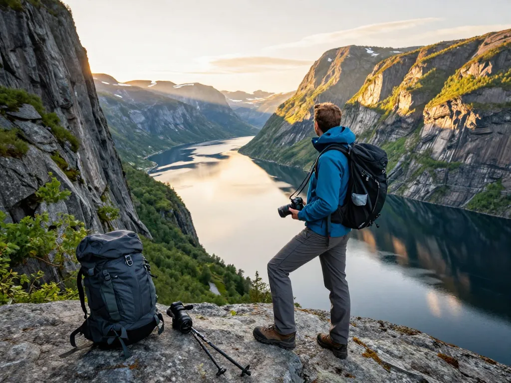 Beeindruckende Fjordansicht in Norwegen während des Urlaubs in Skandinavien mit einem Reisenden, der den Moment festhält.