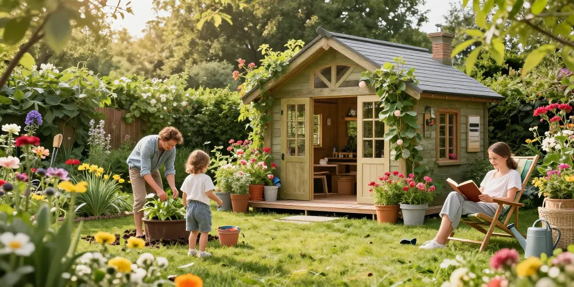 Ein Garten Haus umgeben von bunten Blumen und einer Familie, die im Freien Spaß hat.