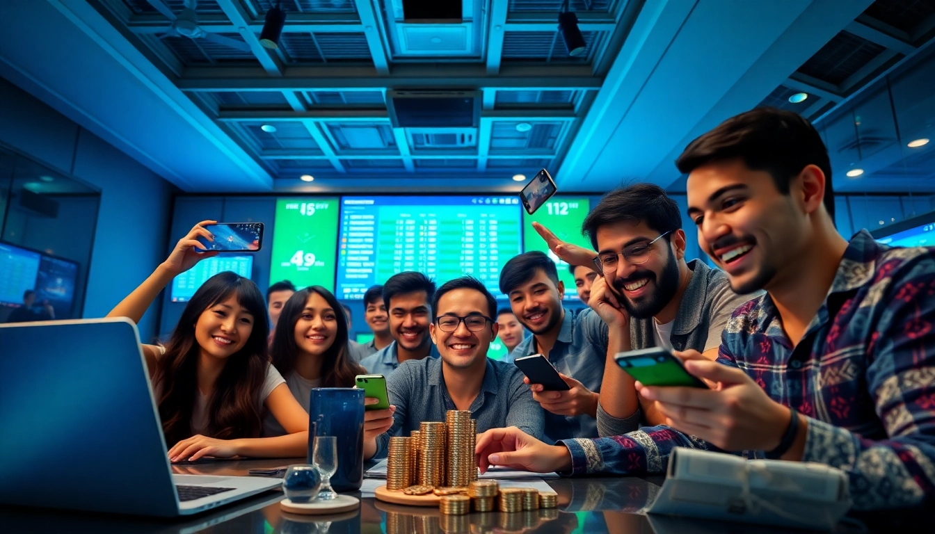 Illustration of top 10 trang cá cược bóng đá featuring diverse individuals engaging with online betting platforms.