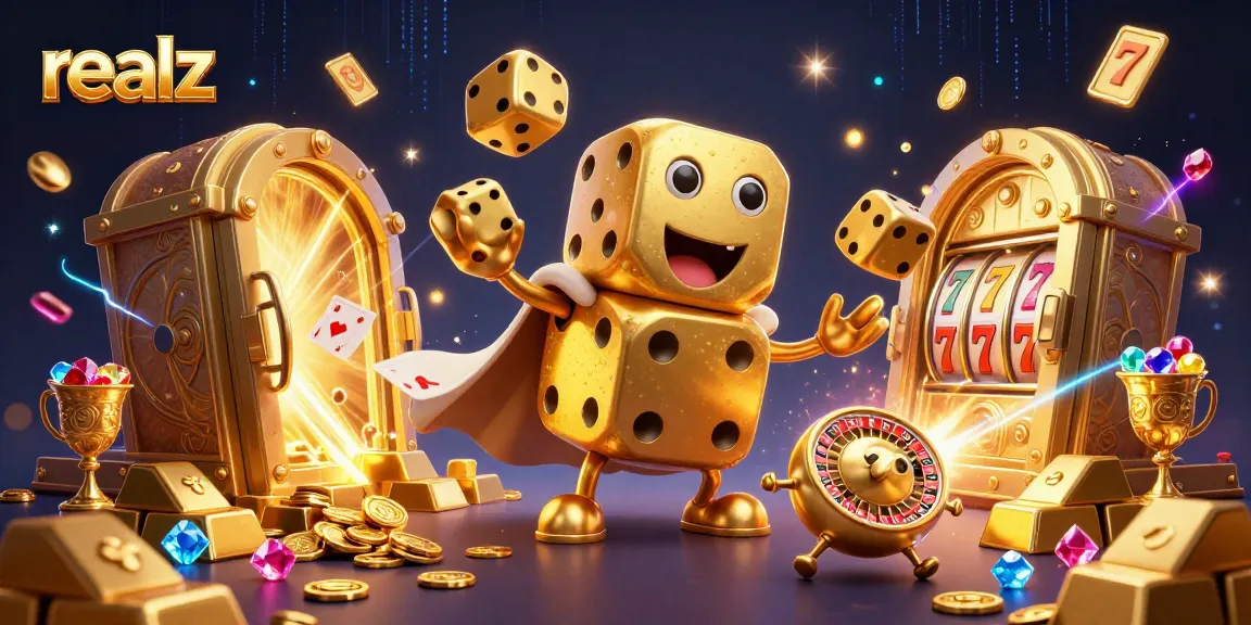 Engage in thrilling gaming action at realz with our vibrant 3D casino scene featuring golden dice and treasure.
