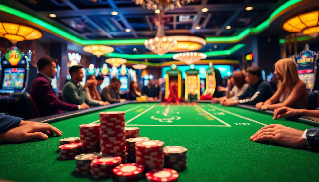 Spannende casinospielen Atmosphäre mit Spielern und farbenfrohen Chips am Tisch.