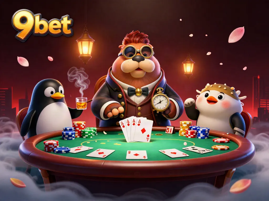 Experience thrilling underwater poker at 9 bet with vibrant characters, chips, and cards in play