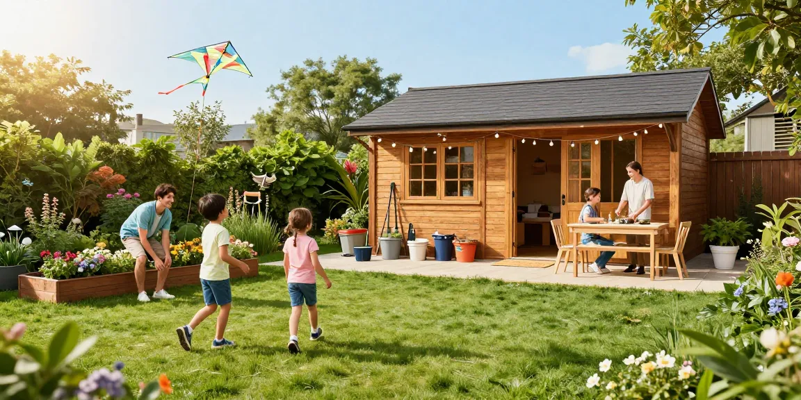 Moderne Gartenhäuser in wunderschönem Garten, Familie spielt und genießt die Zeit im Freien.