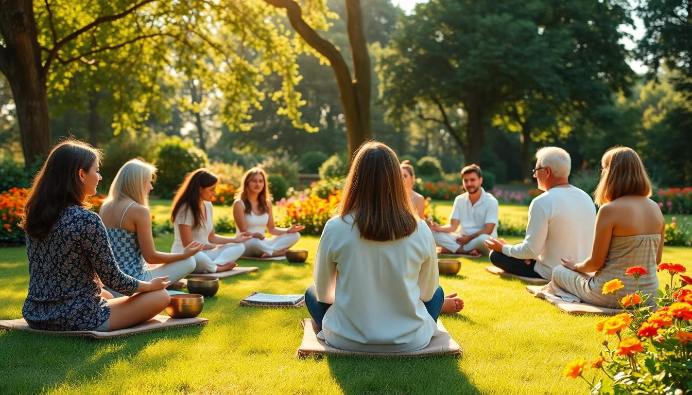 Teilnehmer bei Spirituelle Seminare in harmonischer Meditation im Freien.