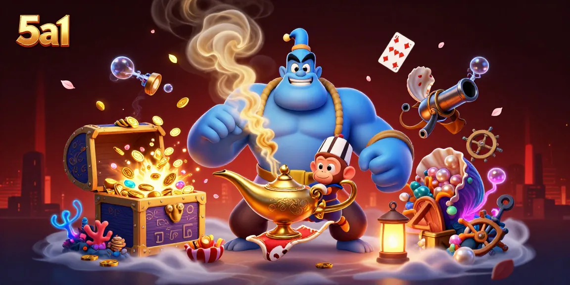 Engage with 5a1’s vibrant casino world through a magical illustration of a genie, chips, and treasures.