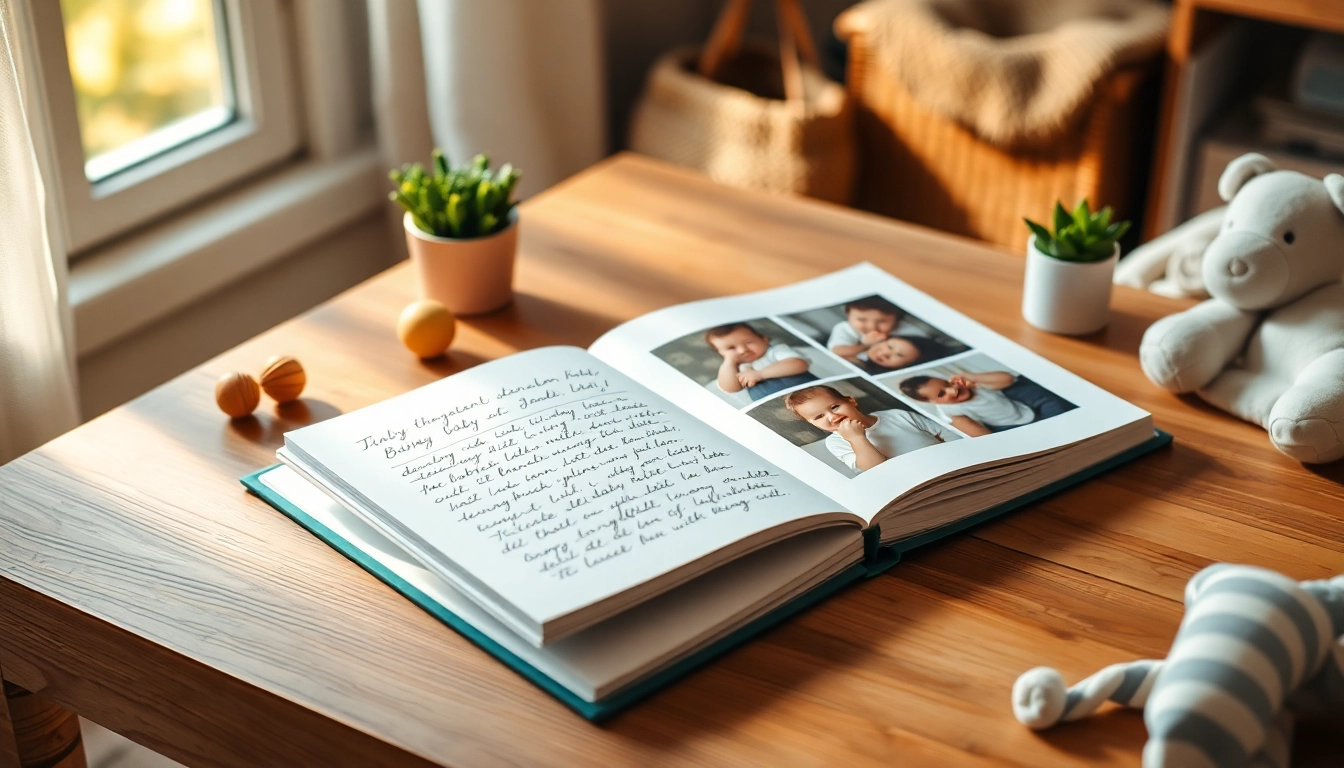 Geführtes Baby-Tagebuch mit Fotos und liebevollen Notizen auf einem Holztisch arrangiert.