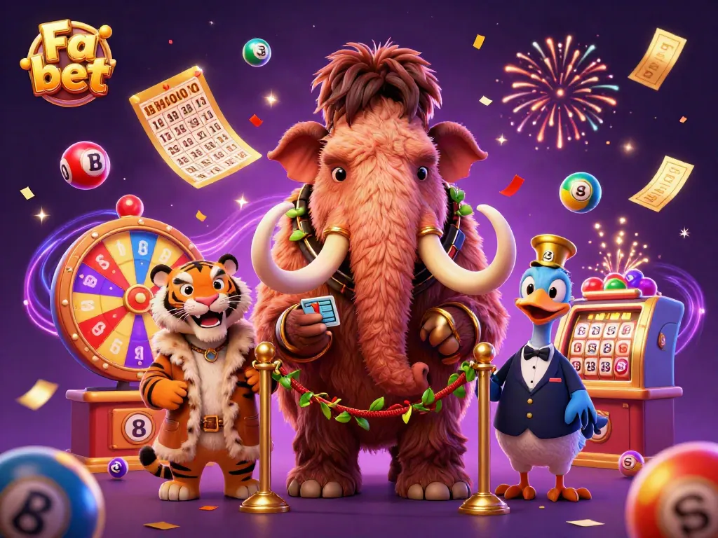 Join Fa bet's lively casino experience with a woolly mammoth bouncer and animated lottery elements.