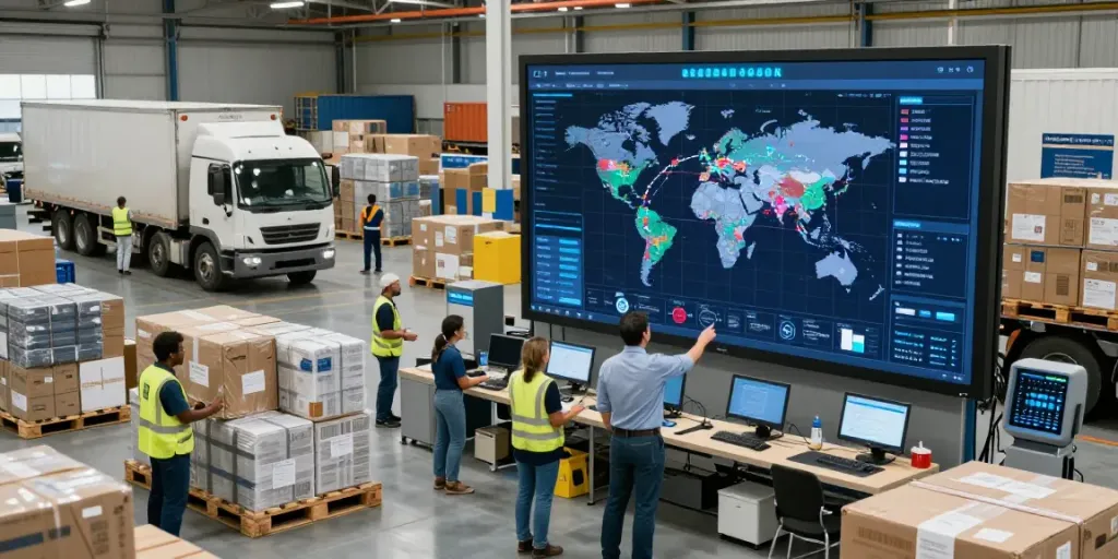 OCARGO Spedition Düsseldorf Team bei internationalen Transportoperationen in modernem Logistikzentrum