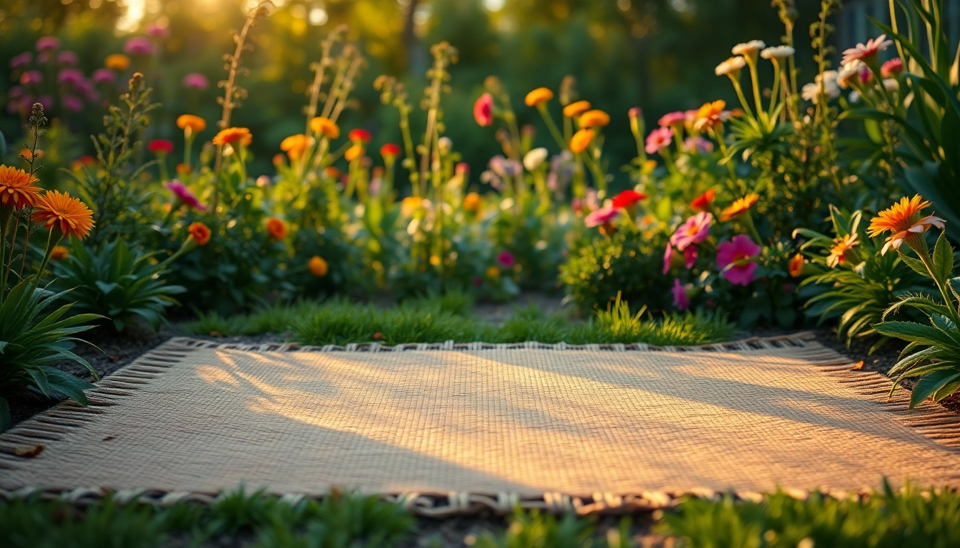 Hanfmatte in einem ruhigen Garten, umgeben von farbenfrohen Pflanzen und Blumen.