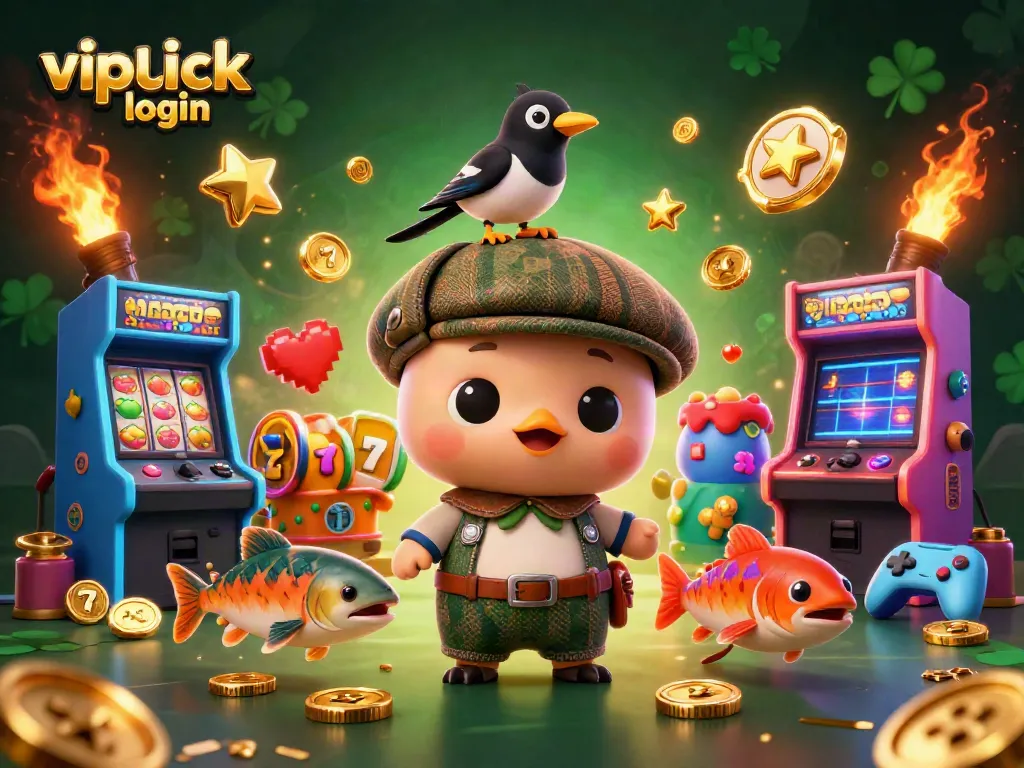 Win big at slots with vipluck login, featuring cartoon characters and gaming elements.