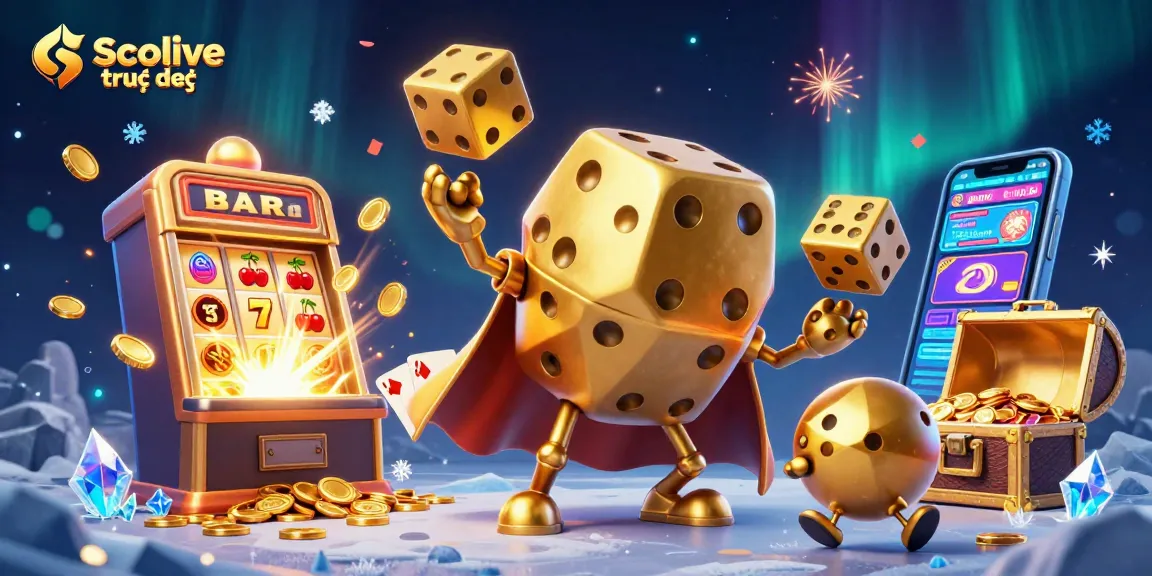 Experience Socolive trực tiếp with vibrant illustrated casino action featuring a dynamic golden dice character.